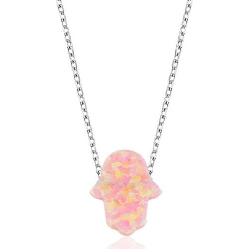Silver Pink Opal Fatma Master Hand Lady Necklace