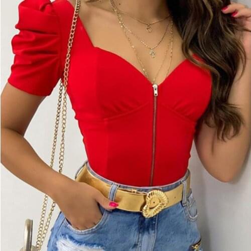 Womens Shirt Blouse Summer Zipper Short Puff Sleeve Blouses Womens Cothing 2021 Slim Solid Color Tops Femme Blusas Y Camisas