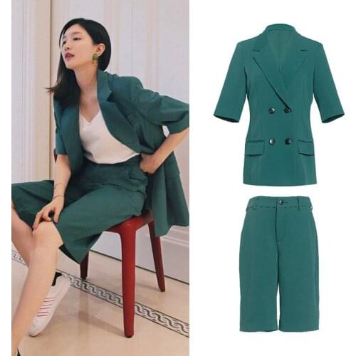 Womens Blazer Two Piece Suit Set Half Sleeve Double Breasted Jacket Blazer +Half Short Pants Suit 2020 Autumn Ladies Formal Suit