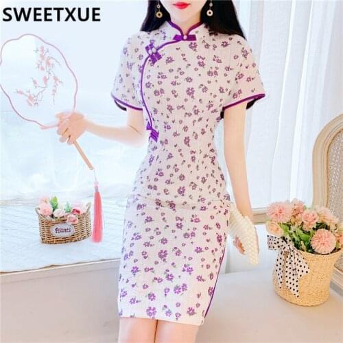 SWEETXUE Chinese Qipao Classic Women Chinese Lace Qipao Elegant Dress Cheongsam Dresses 2021 Vintage Print Party Clothes