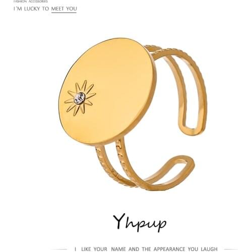 Yhpup Statement North Star Rhinestone Opening Ring for Women Stainless Steel Gold Plated Copper Finger RingWedding Jewelry