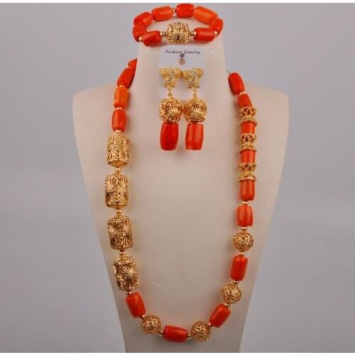 24inches Long Necklace African Coral Beads Jewelry Set Women Nigerian Wedding Necklace Sets Bridal Jewelry