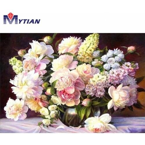 MYTIAN 5D DIY Diamond Painting,Pink,Pastel Flowers,Bouquet,White Vase,Diamond Embroidery Full Drill Mosaic Wall Sticker Decor