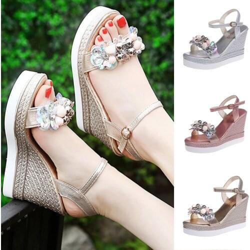 Women Sandals Summer Ladies Fashion Wedges Platforms Crystal Floral High Heels Shoes Sandals Breathable Comfortable Beach Shoes