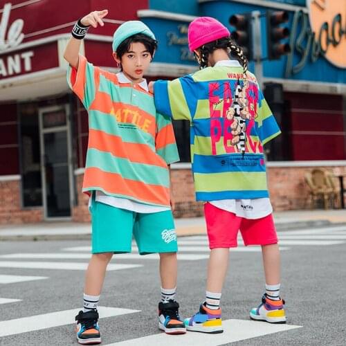 ChildrenS Day Jazz Street Dance Clothes Boys 2021 New Summer Hip-Hop Style Loose Striped Top Shorts Girls Rave Clothes DQS7062