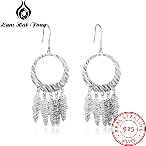 925 Sterling Silver Long Circle Earrings with Leaves Tassel Fine Jewelry Gift Statement Earrings for Women Wife (Lam Hub Fong)