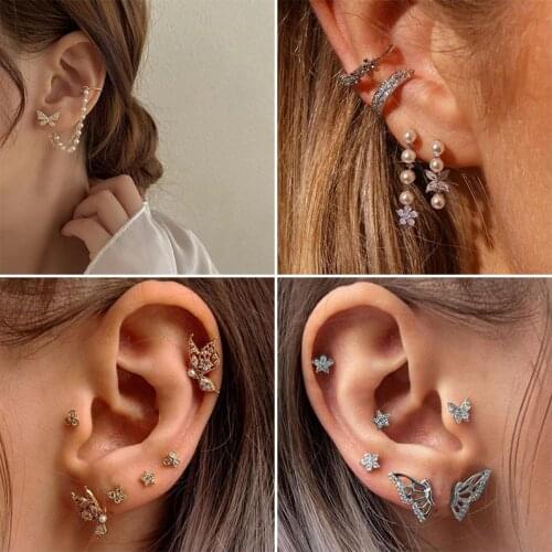 Docona Luxury Butterfly Crystal Stud Earrings Sets for Women Bohemian Pearl Long Chain Gem Flowers Earring Party Jewelry серьги