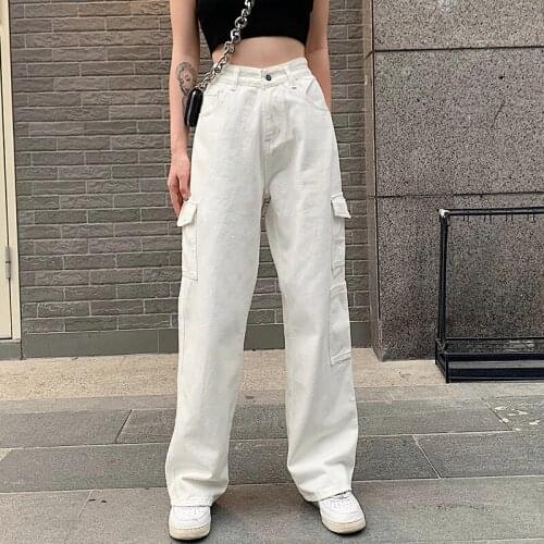 Spring Autumn Women Casual Loose Style Jeans Solid Color High Waist Wide-leg Denim Pants with Big Pockets Trousers