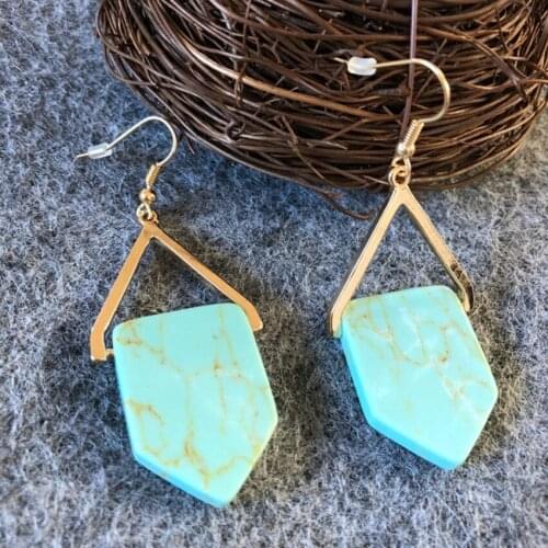 FYSL Light Yellow Gold Color Geometric Shape Green Turquoises Stone Dangle Earrings for Christams Gift Jewelry