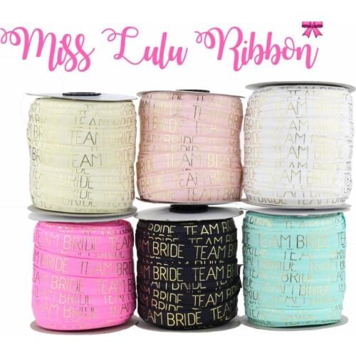 5/8"16mm Gold Foil "Team Bride" Word Pattern Printed Fold Over Elastic Ribbon Hair Tie Making DIY Wedding Gift Pack 50yards/roll