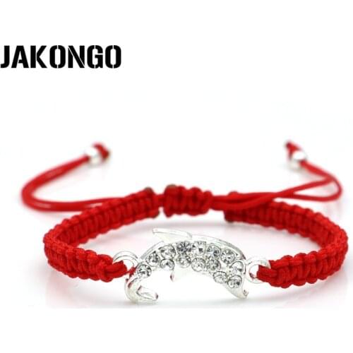 JAKONGO Crystal Dolphin Charm Braided Bracelet Red Rope Bracelet for Women Men Adjustable Handmade Bracelet