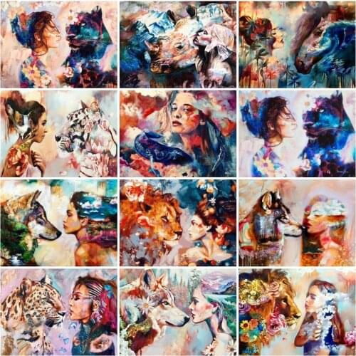 AZQSD Paint By Numbers For Adults Girl Lion Wolf Canvas Art Diy Pictures By Numbers Woman Portrait Wall Decor HandPainted