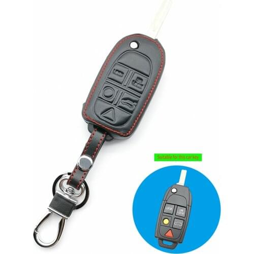 Leather Car Key Case For Volvo s80 s60 v50 v70 xc70 xc90 5 Button Remote Fob Shield Cover Keychain Protector Bag Car Accessories