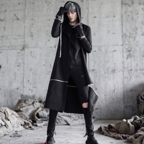 Men Gothic Punk Hip Hop Long Trench Coat Hooded Cloak Nightclub DJ Singer Stage Costume Men Harajuku Japanese Street Jacket