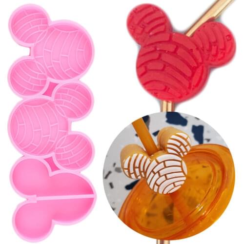Mouse Head Concha Bread Straw Topper Silicone Mold Candy Chocolate Fondant Cake Decorating Tools DIY Keychain Epoxy Resin Moulds
