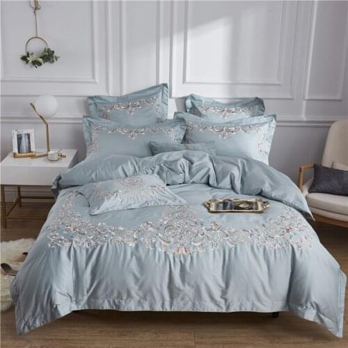 New Luxury Solid 100S Egyptian cotton Embroidery Bedding sets Queen King Royal Duvet cover Bed sheet set Pillowcases blue 4pcs