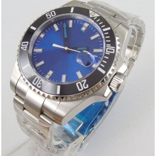 Popular Solid 43mm Sapphire Glass 43mm Blue Nologo/Logo Dial Date Window Men Mechanical Wristwatch Mental Strap MIYOTA Movement