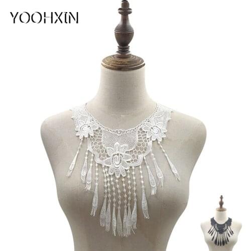 Luxury embroidery flower lace collar Fabric Sewing Applique DIY guipure ribbon trim tassel neckline cloth wedding dress decor