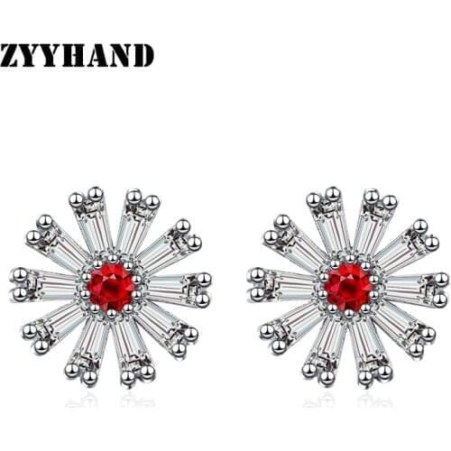 Platinum-Plated Cubic Zirconia Stud Earring Women Clean Stone Red Zircon SunFlower Round Shape Girl Wedding Party Luxury Jewelry