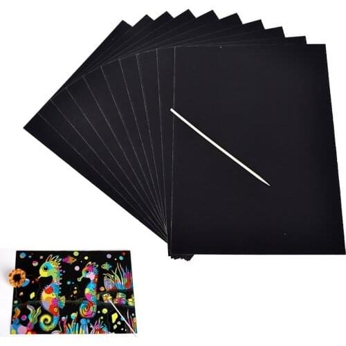 10 Sheets kids Rainbow Scratch Art Craft Colourful Stencil Engraving Paper With Pen Drawing paper Notebook Gift