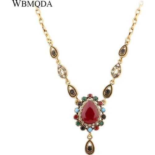 Vintage Indian Gold Necklace Big Red Stone Crystal Pendant Necklace Women Bohemian Wedding Jewelry Love Gift