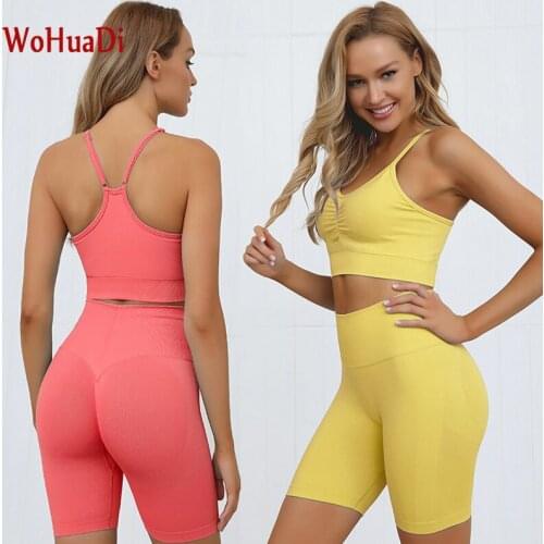 WOHUADI Yoga Set Women Crop Top Bra and shorts Pant nylon Summer Runing Workout Gym Suit Sets Female 2020 New