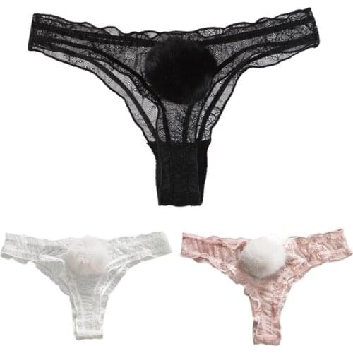 Women Sexy Sheer Lace Panties Briefs Cute Removable Rabbit Tail Pompom Underwear G-String Low Rise Cosplay Lingerie