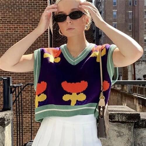 Fashion Tank Sweaters Flower Knitted Sweater Tops Pullover 2021 Winter Women Sleeveless V-neck Knitted Vest Women Sweaters