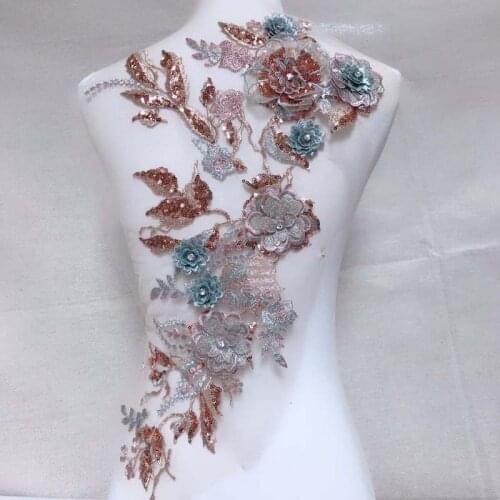 1 Pcs Wired & Gold Sequined Lace Applique Copper & Aqua 3D beaded Lace with Lmitate Diamond For Costume Prom Evening Dress