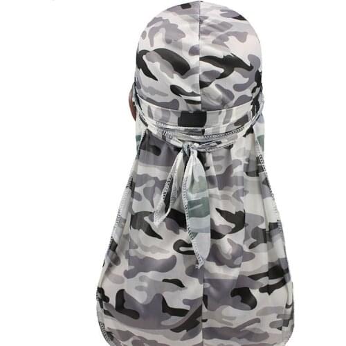 2018 New Mens Silky Camo Durag Turban Bandanas Waves Long Tail and Wide Straps for Men Stitching Outside Camouflage Print Durag