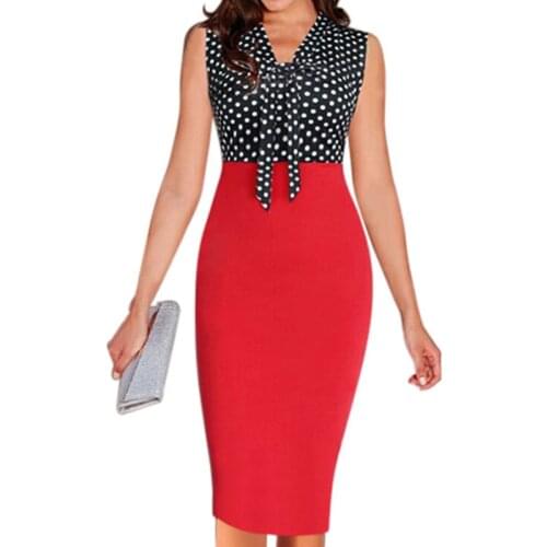 2020 Women Summer Dress Women Bodycon Bow Sleeveless Knee-Length Office Lady Pencil Vestidos Femme Robe Dresses