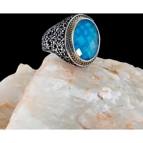 925 Sterling Silver Ring For Man Real Pure Aquamarine Zircon Stone Handmade Turkish Jewelry