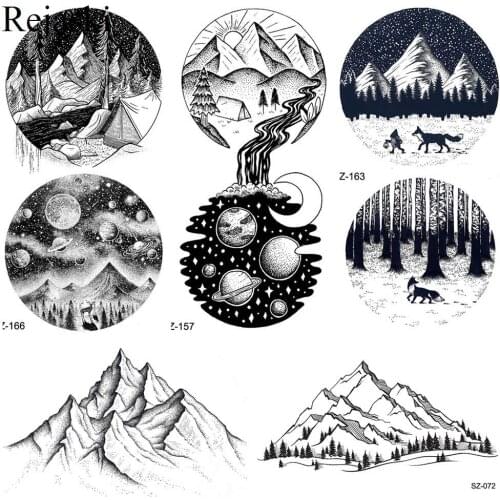 Black Round Mountain River Temporary Tattoo Stickers Women Body Arm Timber Small Fake Tatoos Men Ankle Waterproof Tattoo 3D Moon