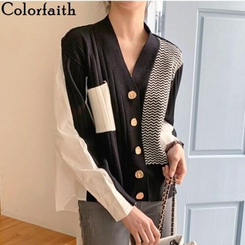 Colorfaith New 2021 Womens Autumn Winter Sweater Elegant Patchwork Cardigans Oversized Fashionable Striped Lady Tops SWC1556JX