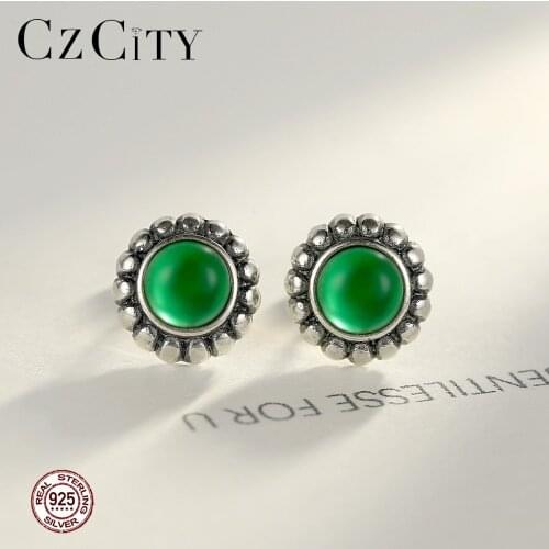 CZCITY Cute Thai Silver Flower-shaped Stud Earrings for Women Vintage Black and Green Vintage Female Fine Jewelry Christmas Gift