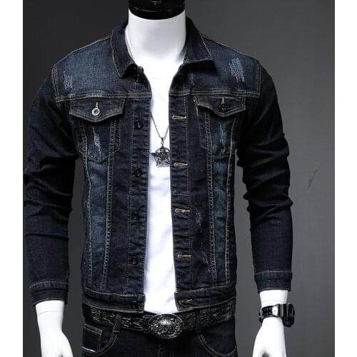 Spring and autumn deep hole embroidered denim jacket mens casual all-match trend denim clothes youth personality jacket men