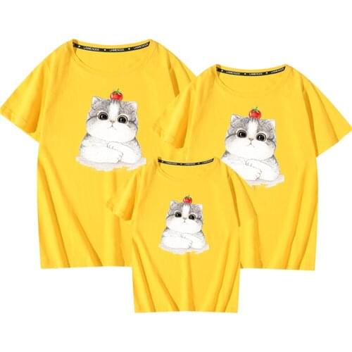 9 Colors High Quality Family Matching T Shirts Summer Short Sleeve Casual Yellow Cat Printed Clothes Mama Dad Tees 100%Cotton