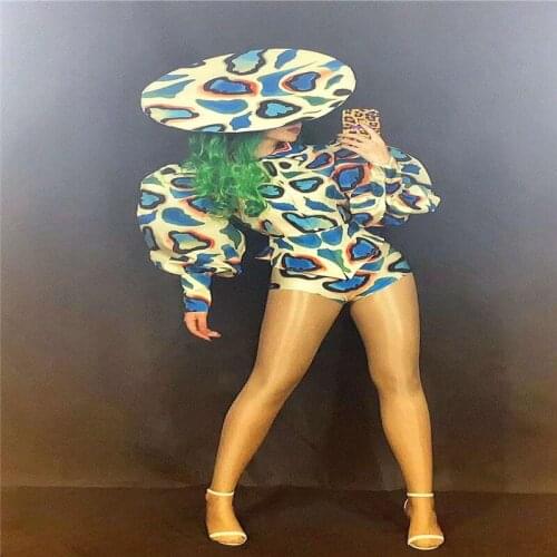 H04 Catwalk stage performance colorful 3d printed outfits sexy female Bubble sleeves bodysuit split singer shorts cosplay hats