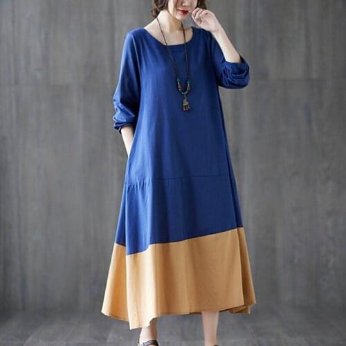 2021 New Arrival Long Sleeve Spring Dress Patchwork Cotton Linen Vintage Dress Plus Size Women Dress Loose Midi Casual Dress