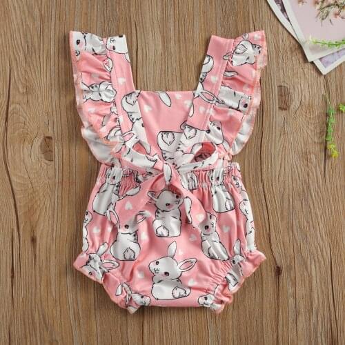 Infant Newborn Baby Girl Bunny Printed One-piece Easter Romper Ruffled Sleeveless Elastic Waist Triangle Crotch Bow Decoration