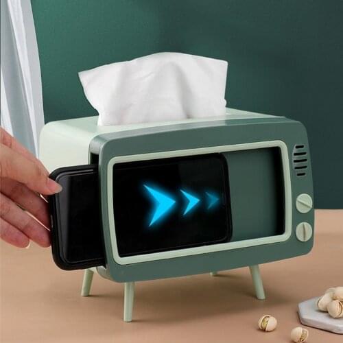 Creative 2 In 1 TV Tissue Box Desktop Paper Holder Dispenser Storage Napkin Case Organizer with Mobile Phone Holder Home Decor