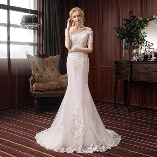 Ezkuntza 2021 New Short Sleeve Lace Mermaid Wedding Dress Boat Neck Sweep Train Lace Up Mermaid Wrap Illusion Wedding Dress