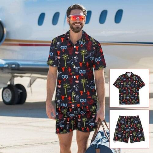 New Hawaiian Sea Coconut Tree Print Rompers Men Beachwear Short Sleeve Harem Cargo Overalls Summer Casual Zipper Beach Mens Sets