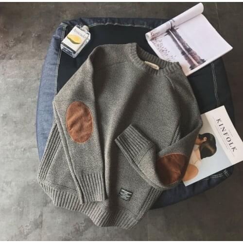 Men Knitted Jumper Sweaters Pullover College Style Patch Color Contrast and Thickened Round Neck Sweater Male Fashion Thick Wo