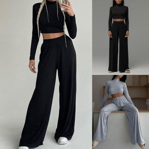 2021 New Long Sleeve Women Tracksuit Wide Leg Turtleneck Cropped Top Tracksuit for Home