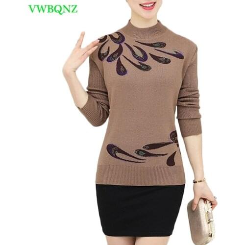 Autumn Winter Warm Pullovers Sweater Middle-Aged Women Flower Printed Wool Sweaters Female Noble Plus size Knitting shirt A681