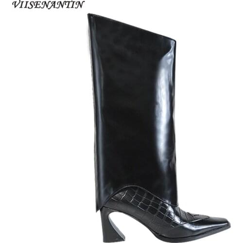 Autumn New Style Crocodile Grain Leather Pointed High-heeled Straight Boots Shaped Heel Rhinestone Chain Boots Trousers Boots