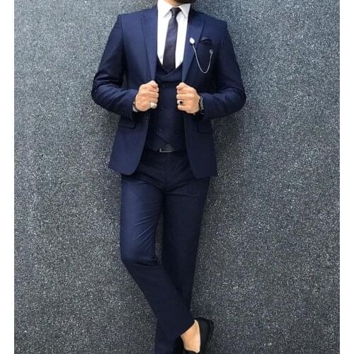 Navy Blue Slim Fit Mens Suits 3 Piece Wedding Costume Suits For Men Groom Formal Tuxedos Groomsman Wedding Party Tuxedo Blazer