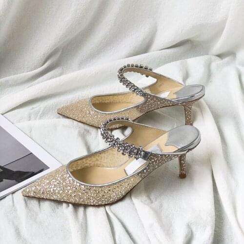 Luxury Rhinestone Net Pointed Toe Slippers Sandals Bling Bling Crystals High Heels Sandal Fashion Summer Flat Ladies Shoes