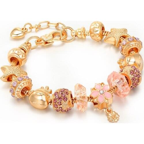 Light Purple Rhinestone Ocean Series Bracelet For Women DIY Alloy Filled Gold Beaded Charm Bracelet Fashion Fine Jewelry Gift